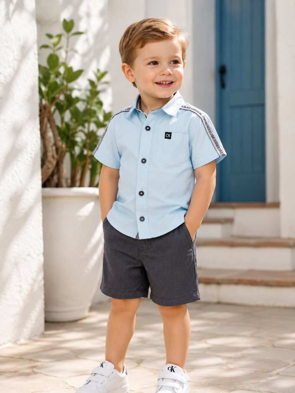 Calvin Klein Jeans Outfit Set Shirt Shorts Blue Gray 3T NWT Toddler Boys 2 Pc